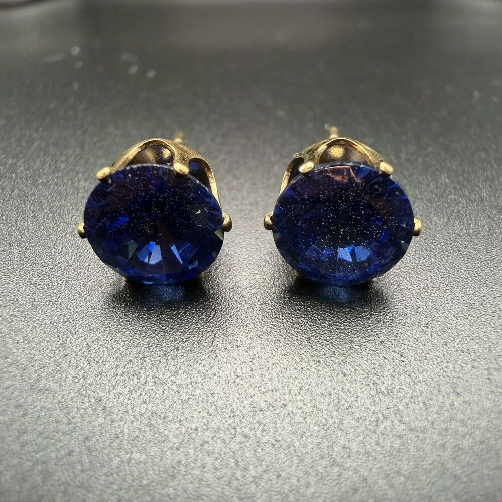 Round Simulated Blue Sapphire Women's Stud Earrings Yellow Gold Tone Women’s New
